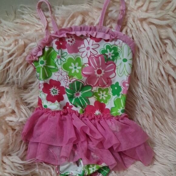 Arizona Jean Co. Floral Pink and Green Ruffle Swimsuit 3T - Picture 1 of 3